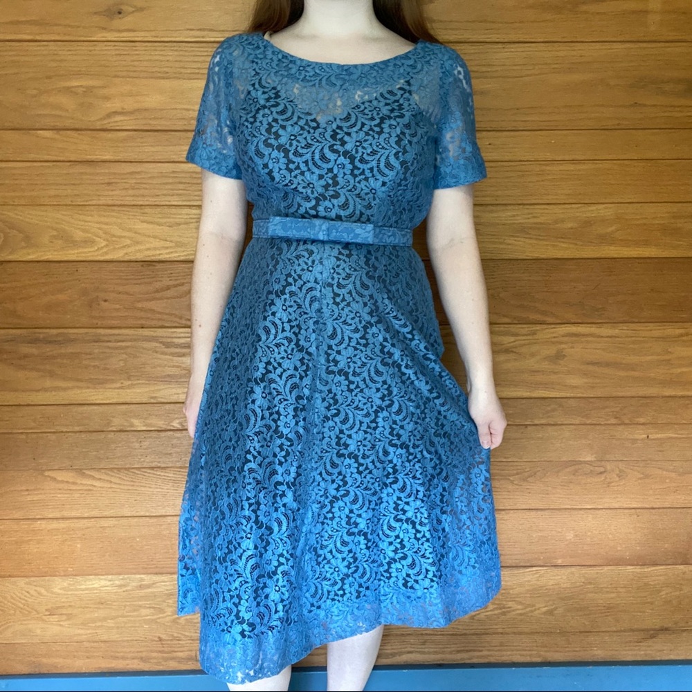 Vintage blue lace handmade A-line belted dress
